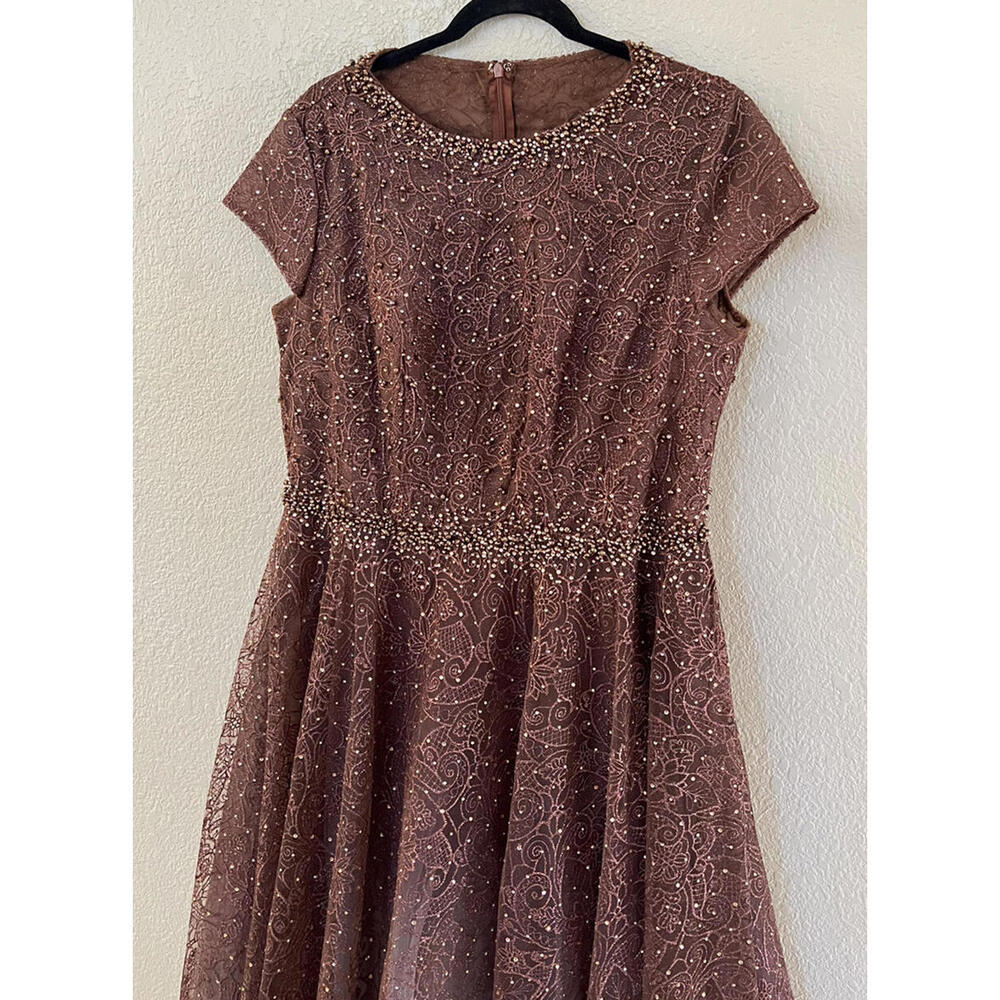 New Mac Duggal 20371 Embellished Cap Sleeve A Line Dress In Chocolate Sz8 $698 - Picture 5 of 10
